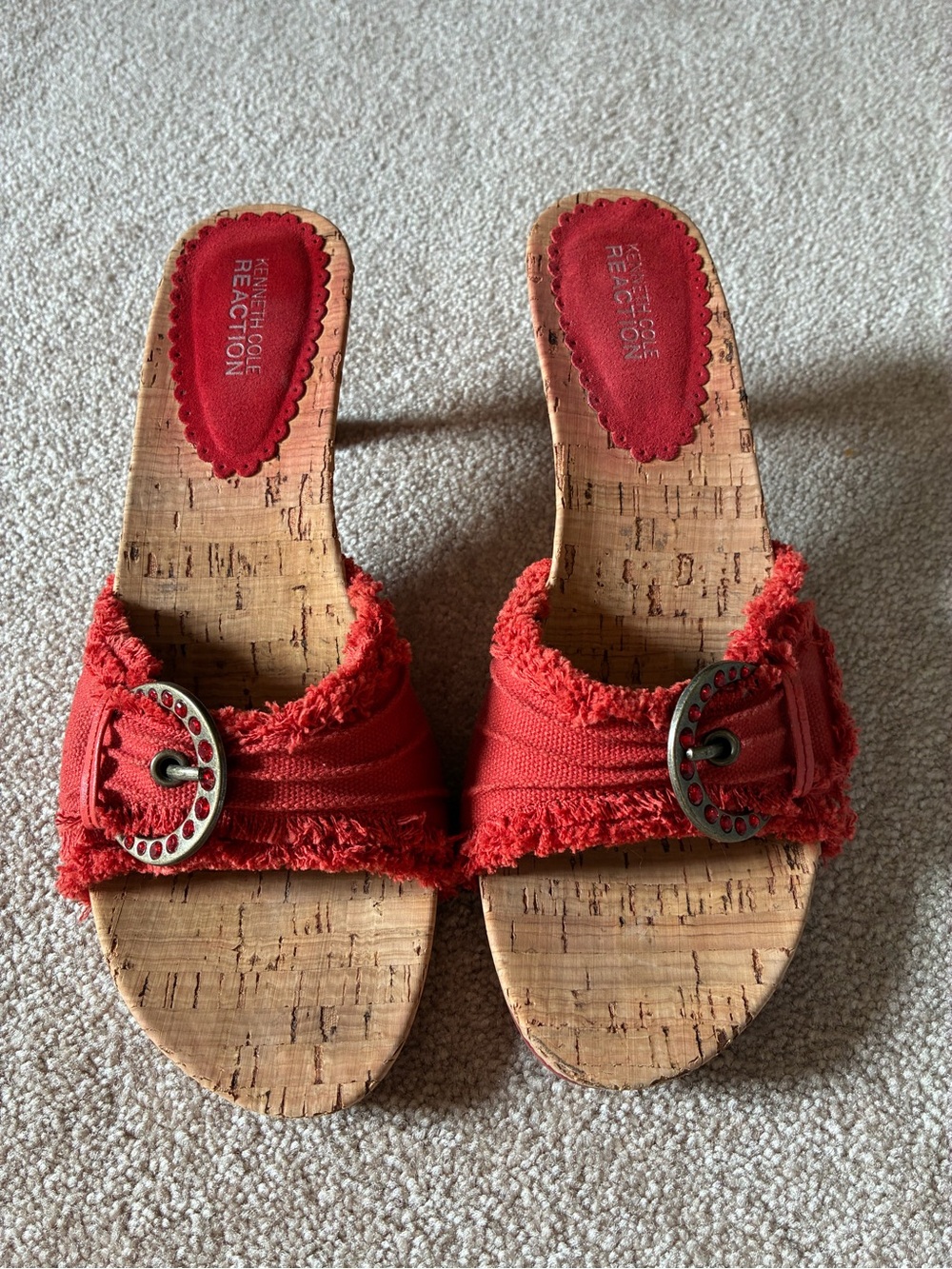 Kenneth Cole Reaction Red Frayed Slide Sandals with Buckle Accent